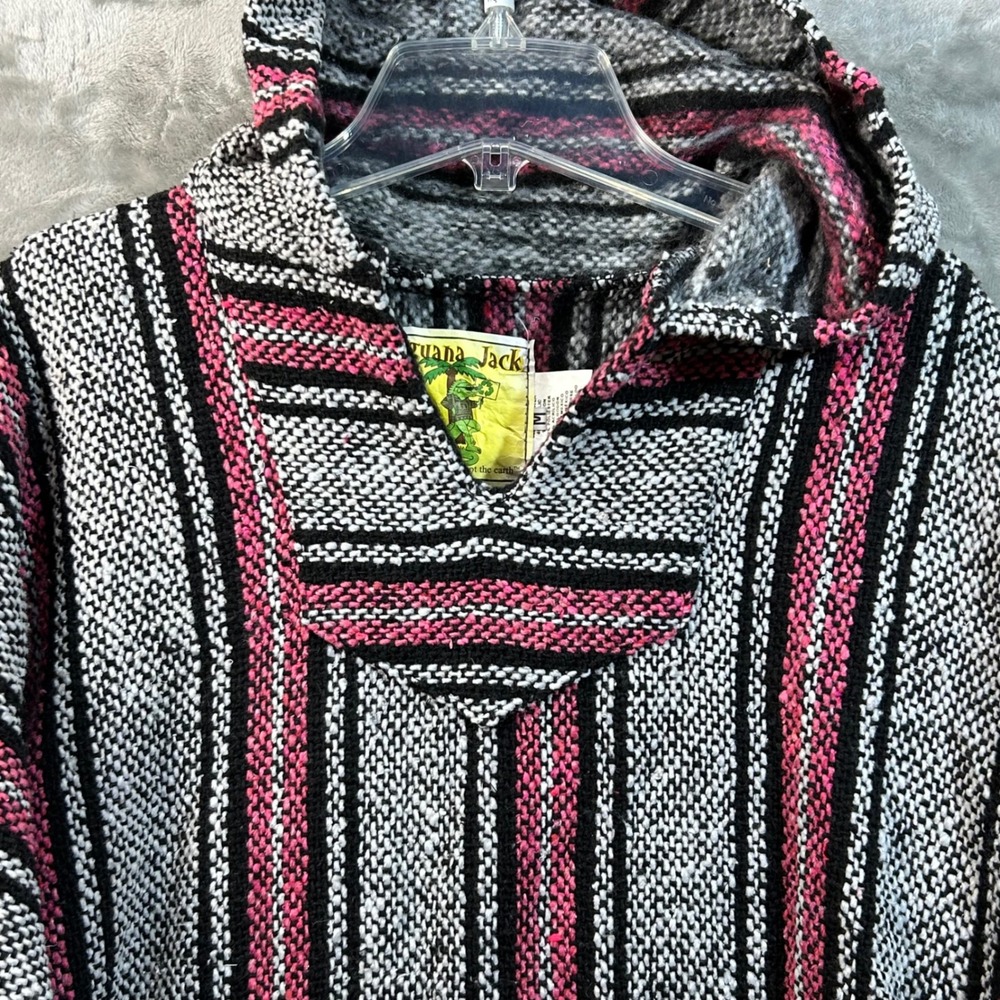Iguana Jack Baja Hoodie Pink Black White Striped Mexican Blanket Pullover Medium - Picture 2 of 7